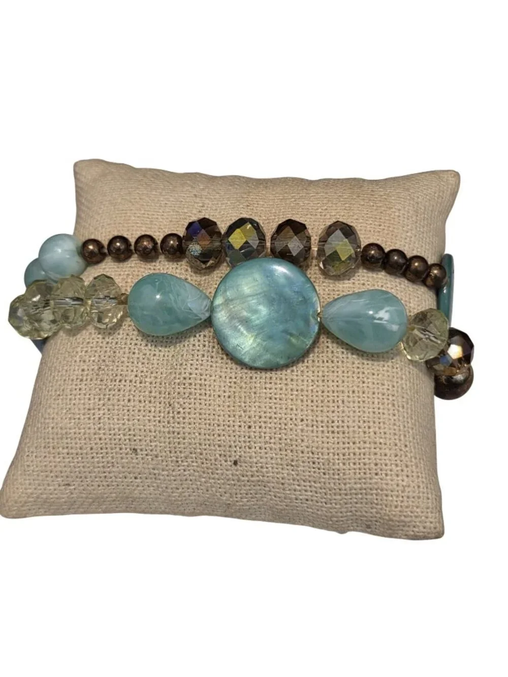 Teal Mother Of Pearl & Acrylic Beaded Stretch Bracelet Set